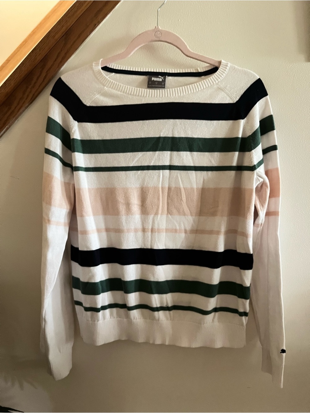 Puma White Crewneck Sweater with Black, Green and Beige Stripes
